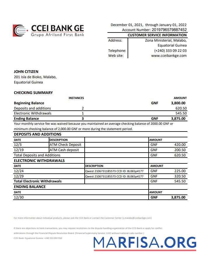 Downloadable Equatorial Guinea CCEI bank statement excel real example